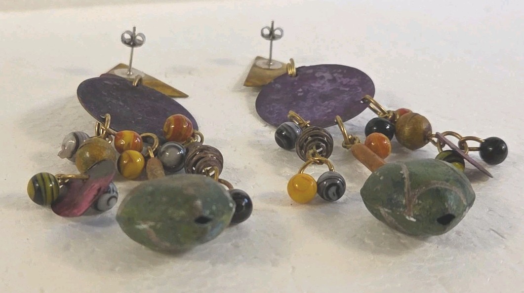 Vintage Boho Rustic Dangle Drop Post Earrings Mixed Metal Geometric Design – 4in