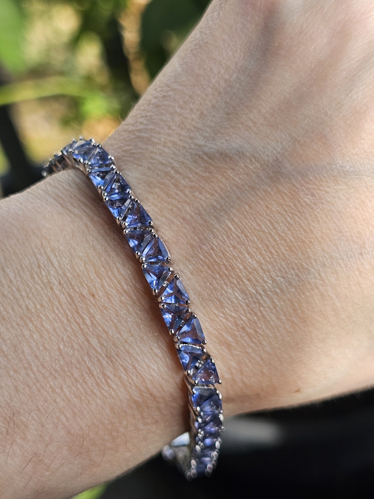 Vintage 925 Sterling Silver Trillion Cut Tanzanite Glass Tennis 8″ Bracelet