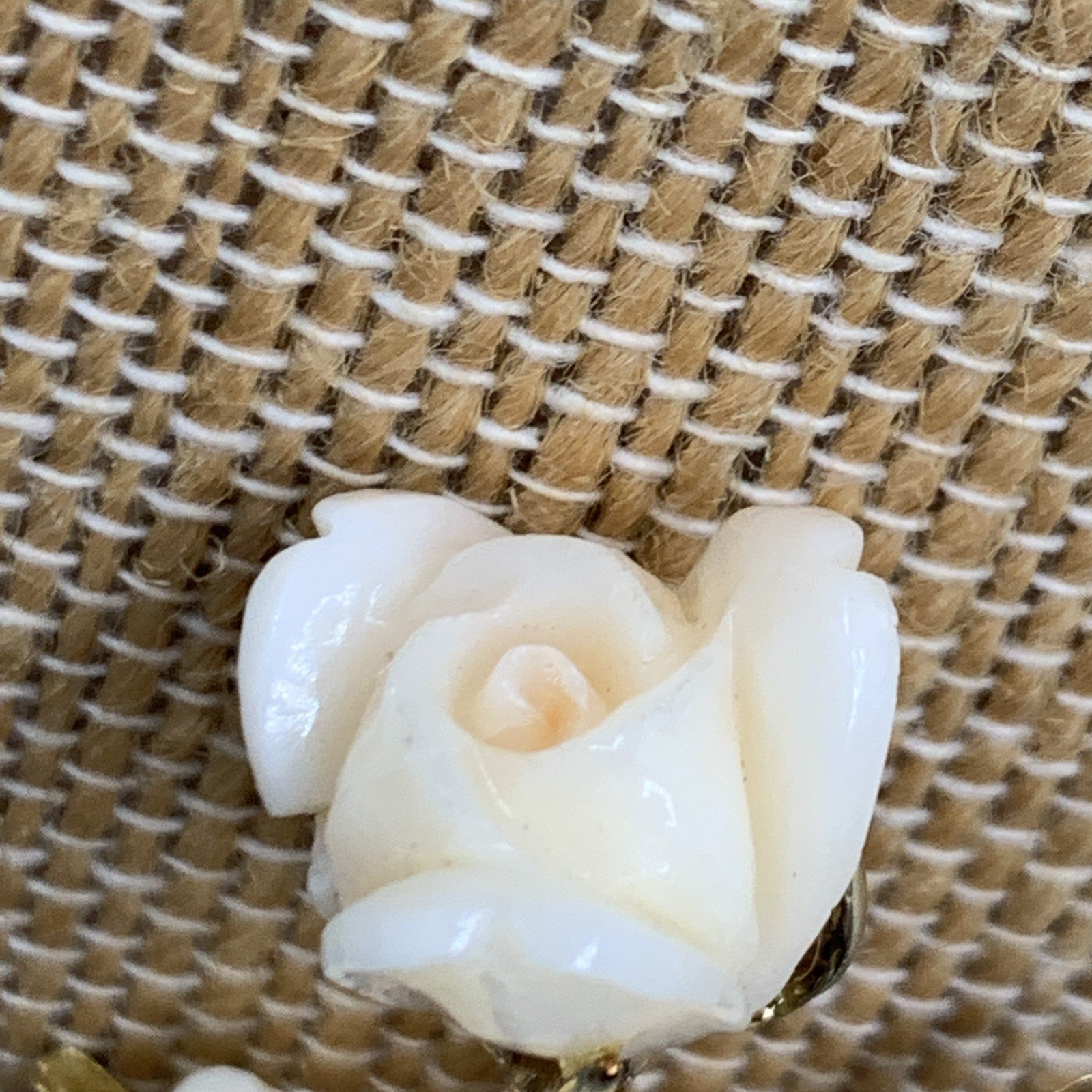 Vtg Masaniello 14k Gold & Carved Angel Skin Rose Pin Brooch. 11.38g, 2.4”x1.1”