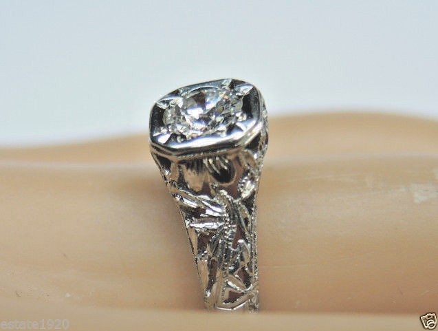 Antique Art Deco Diamond Engagement 17K White Gold Ring Size EGL USA