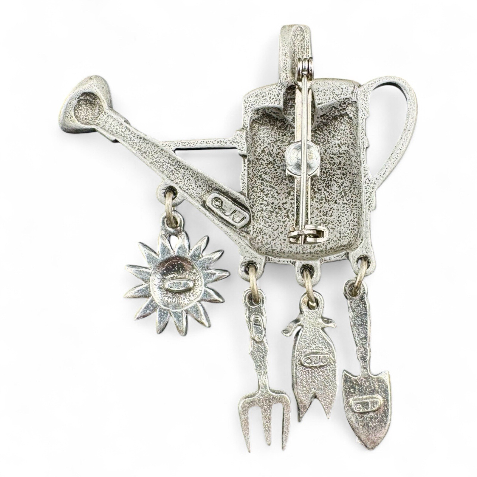 Vintage JJ Signed Silver Tone Watering Can W/ Garden Dangles Brooch