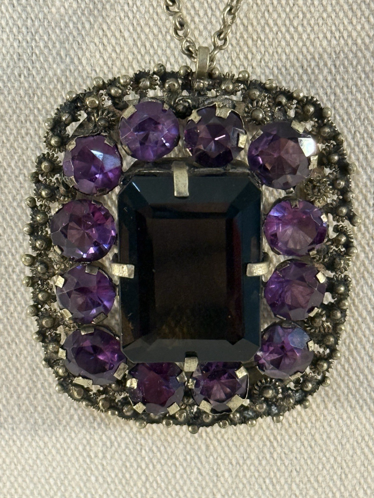 Vintage Thai Amethyst Smoky Quartz Pendant Large Statement Necklace