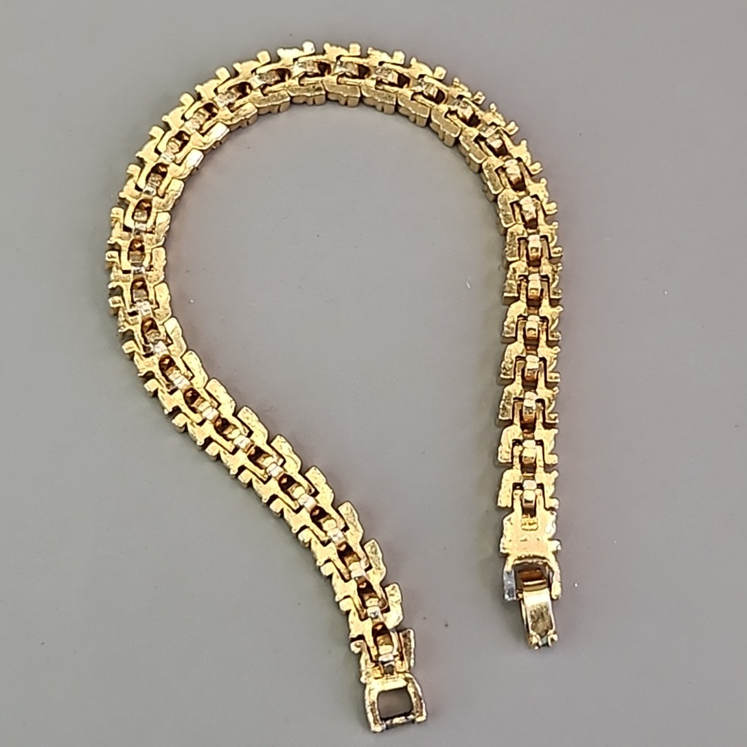 Vintage Rhinestone Chain Bracelet Black Clear Gold Tone 7″