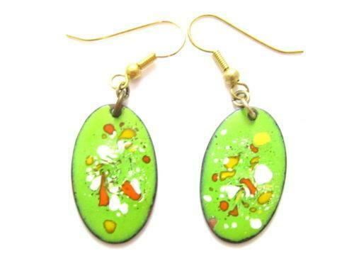 Vintage Lime Green Multi-Colored Baked Enamel Copper Drop Pierced Earrings