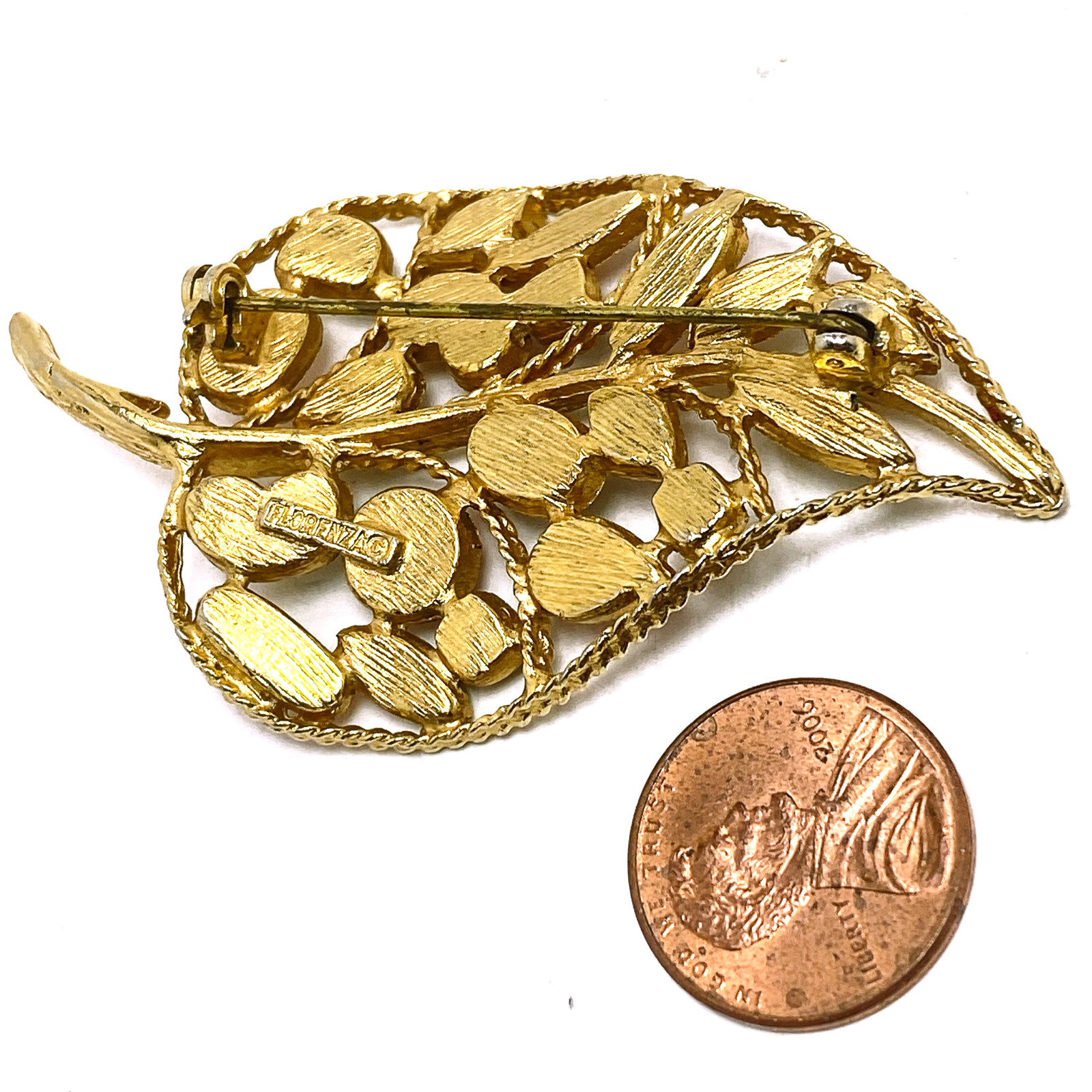 FLORENZA Brooch Plique-A-Jour Enamel Leaf Pin Red Green Gold Tone Vintage