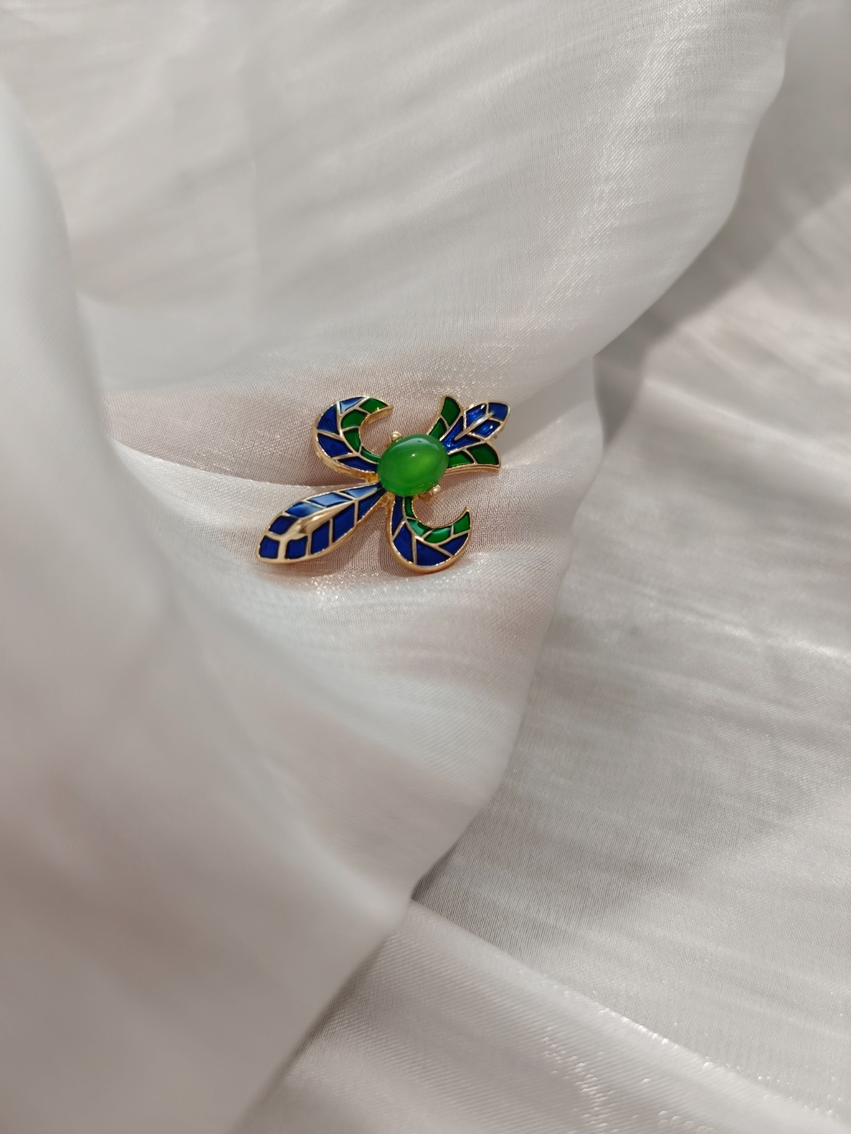Vintage Trifari Fleur-de-lis Brooch Cloisonne Enamel Green Cabochon Jewelry Pin