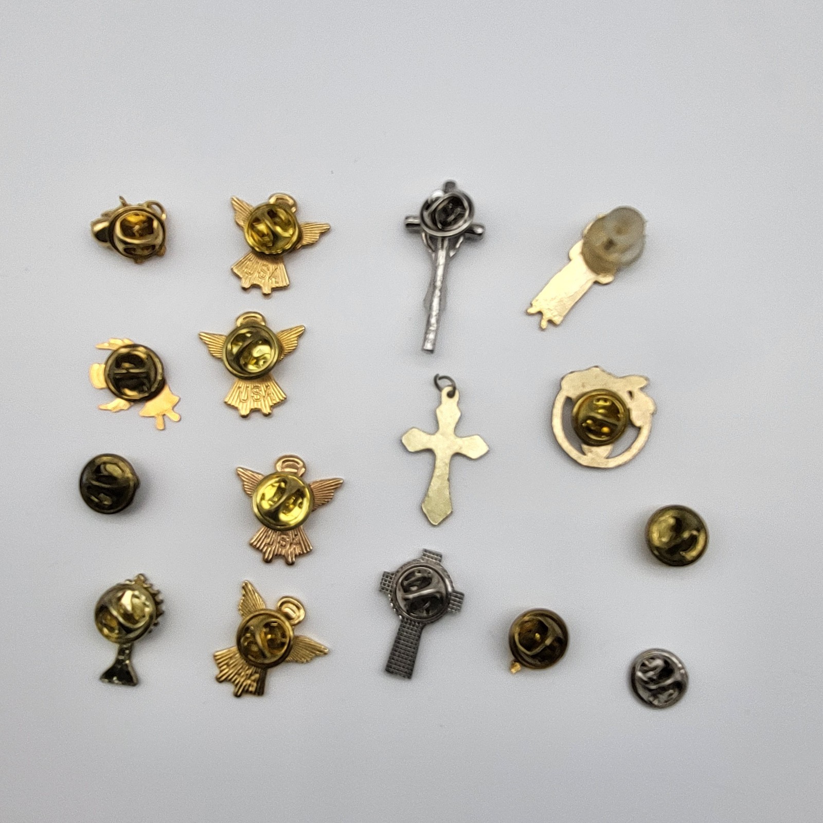 Vintage Christian Jewelry lit Angel pin Cross Pin Pendant Tie tacks lapel pins