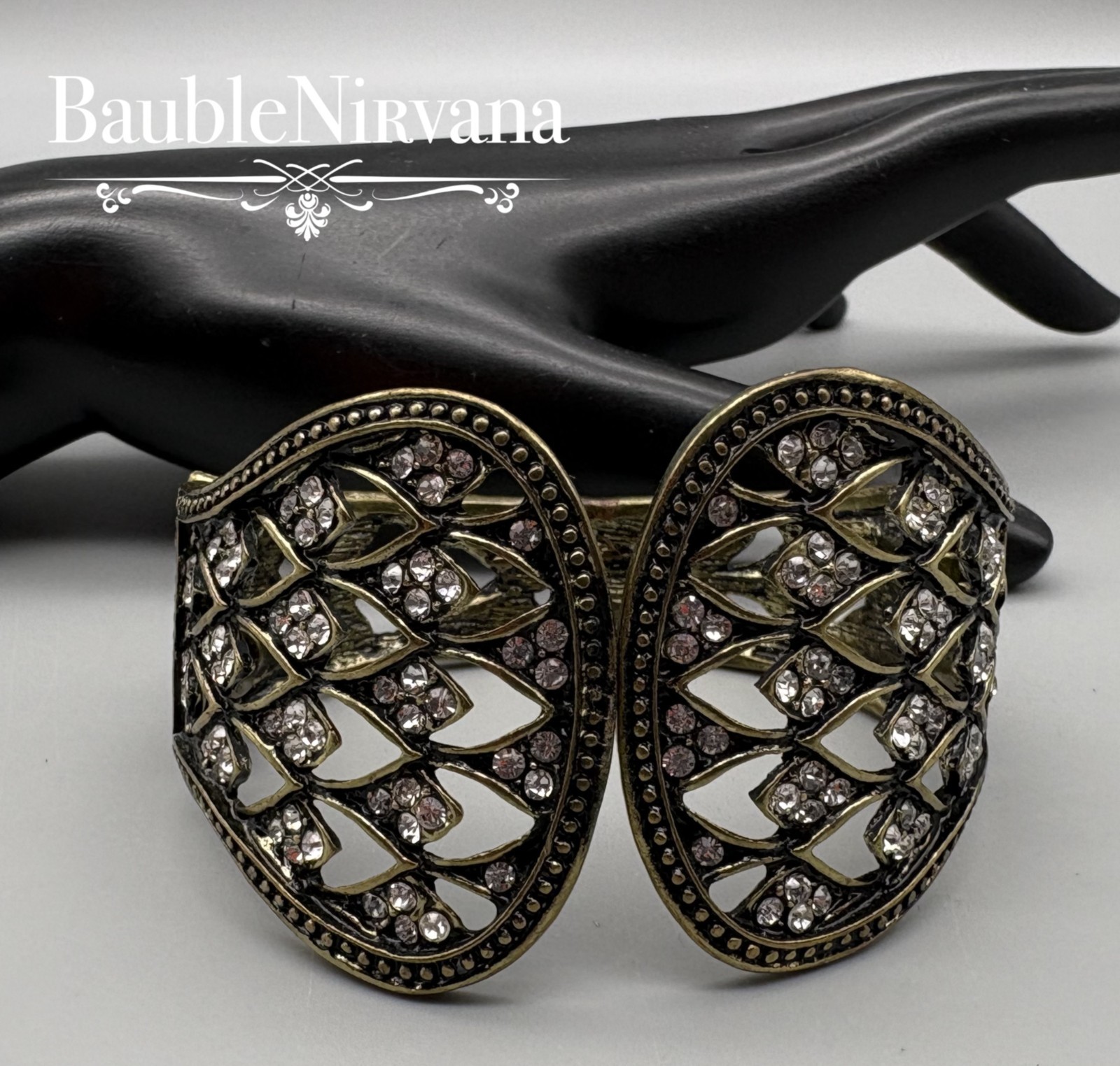 Vintage Extra Wide Gold Tone Pierced Openwork Rhinestones Cuff Bracelet