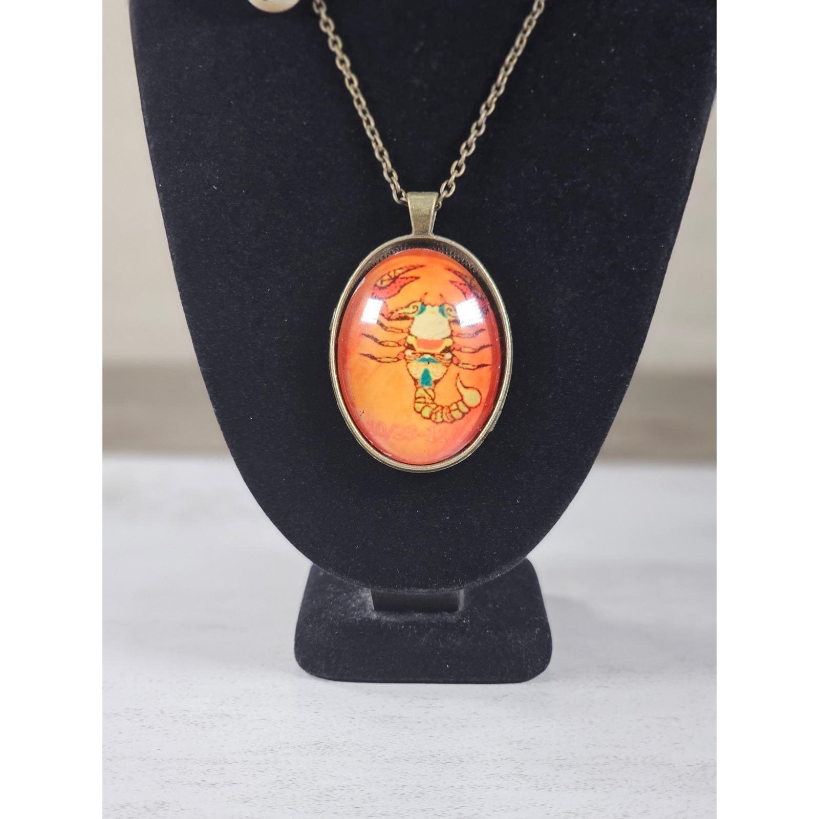 Vintage Scorpio Zodiac Necklace Orange Scorpion Cabochon Gold Tone