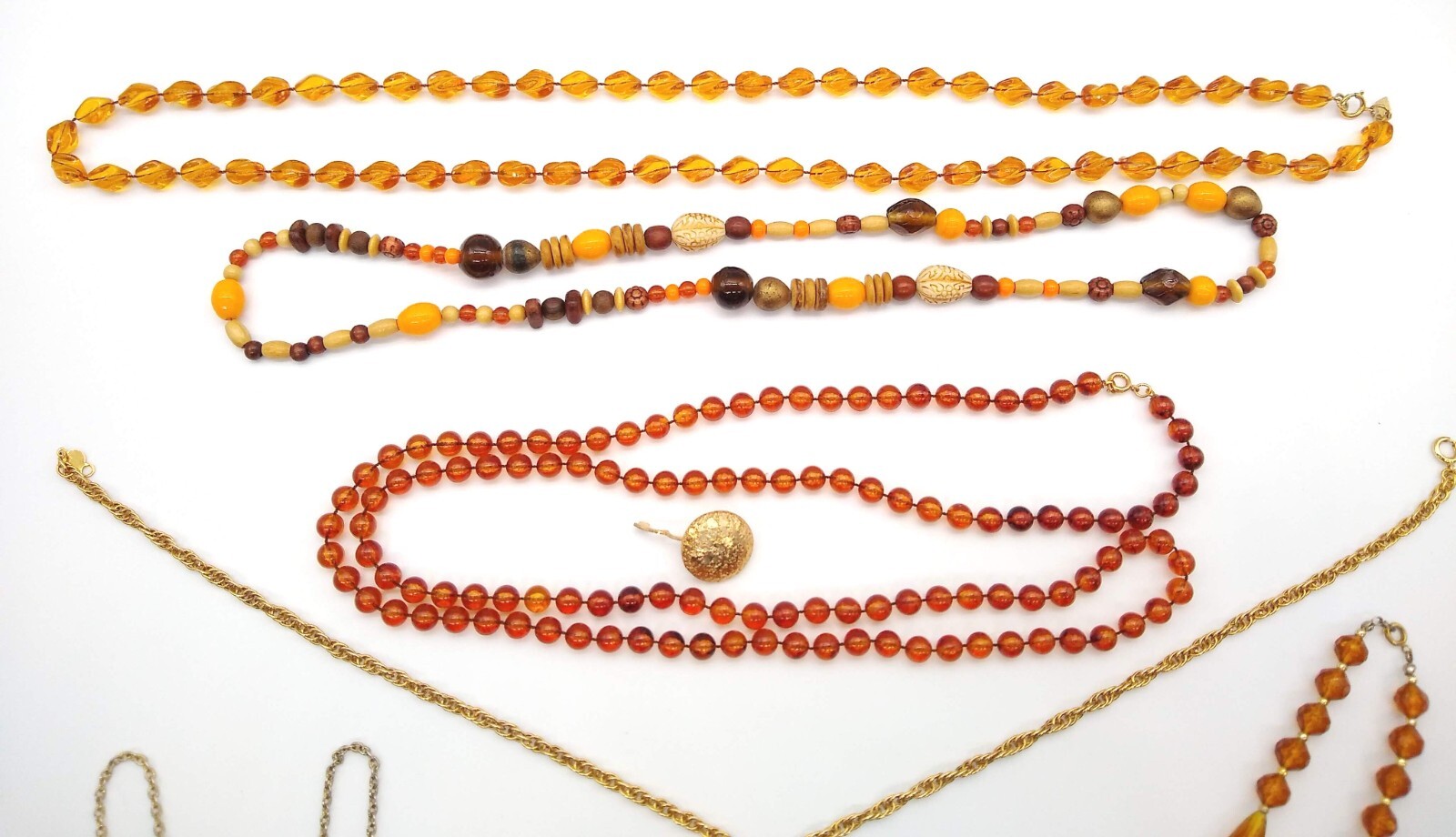 Amber Honey Topaz Color Beads Necklaces Lot of 6 Gold Tone Tassel Filigree Vinta