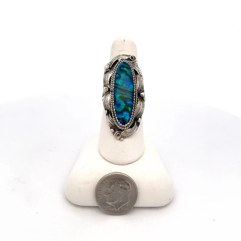 Native American Huge Paua Blue Abalone Shell Sterling Silver Ring- Signed -ET495