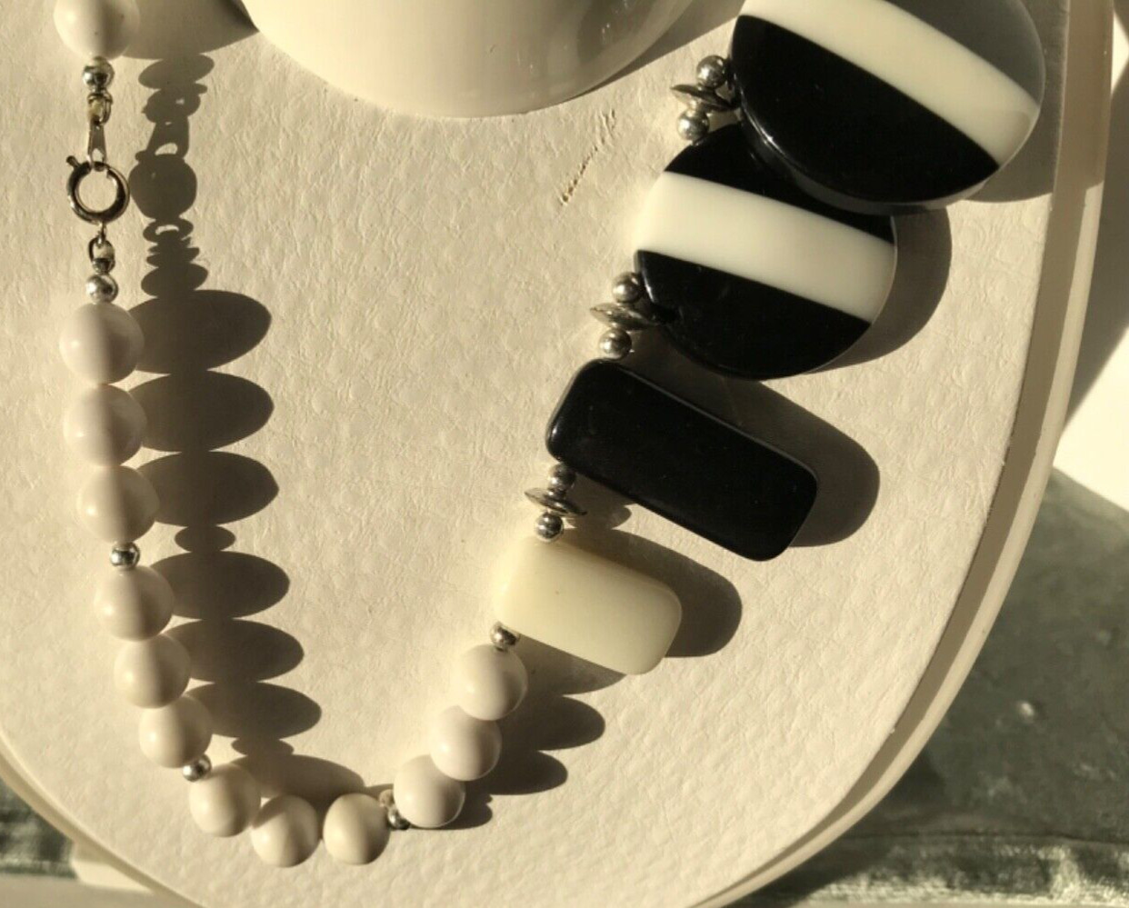 Vintage White Black Mod Plastic Bead Necklace