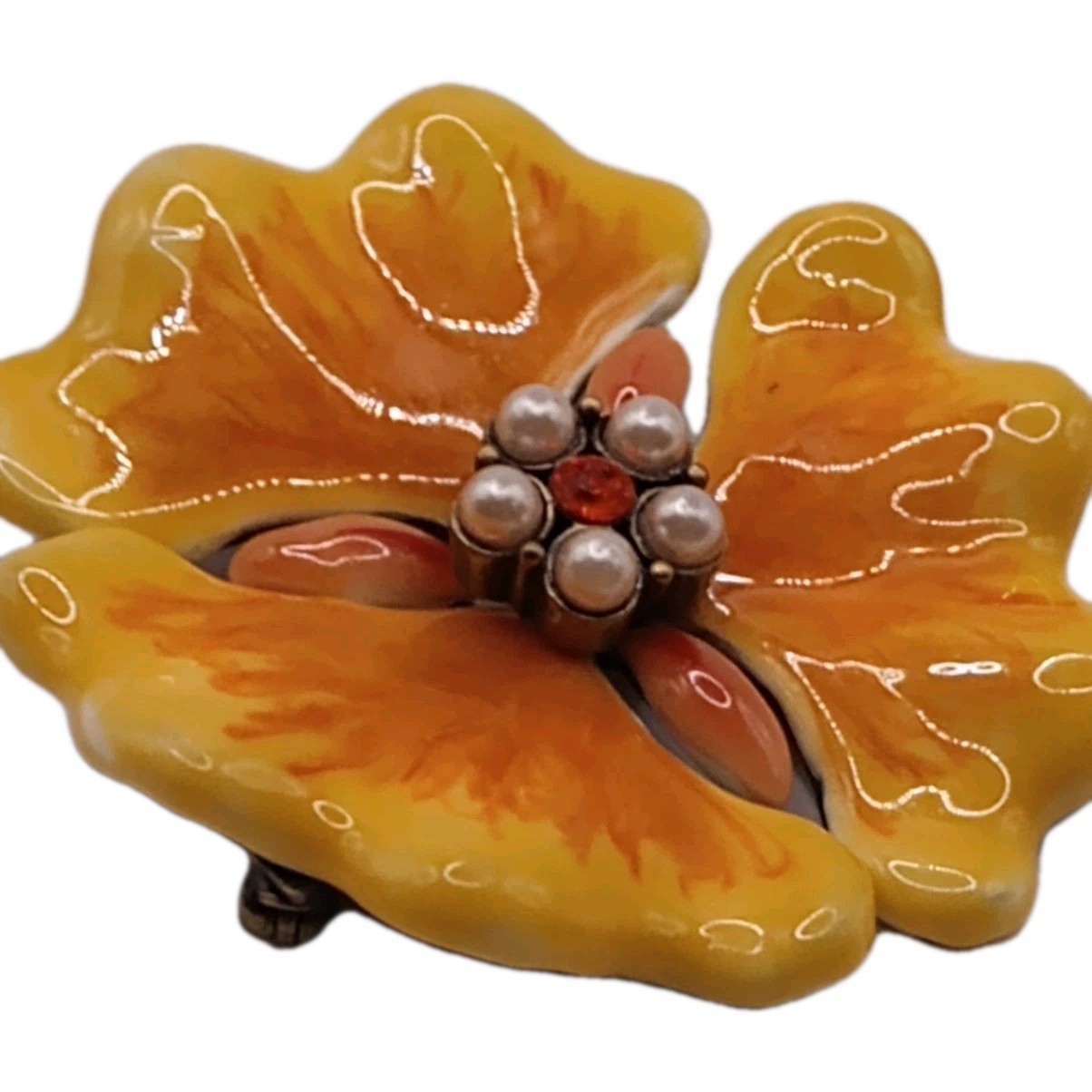 Vintage Enamel Floral Brooch Yellow Orange Faux Pearl Rhinestone Pin 2 in D