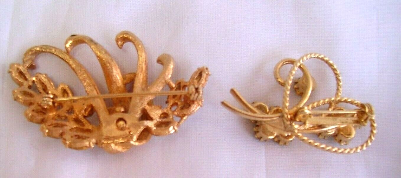 2 Vintage Broochs-BSK/White Rhinestones Brooch/with Gold Trim 2 1/4″ across-11/2