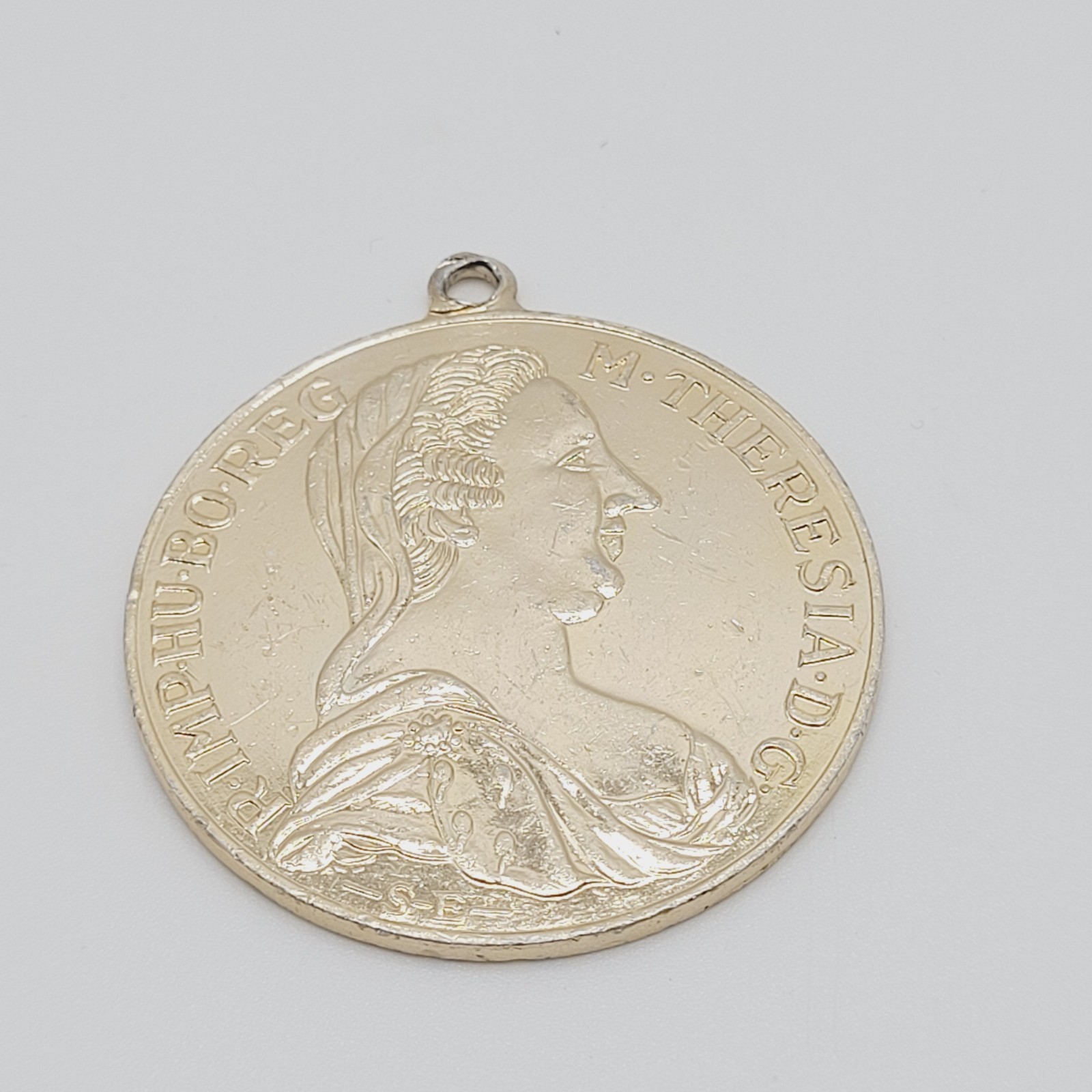 Maria Theresa Replica Token Medallion Coin Pendant Gold Tone Attached Bail