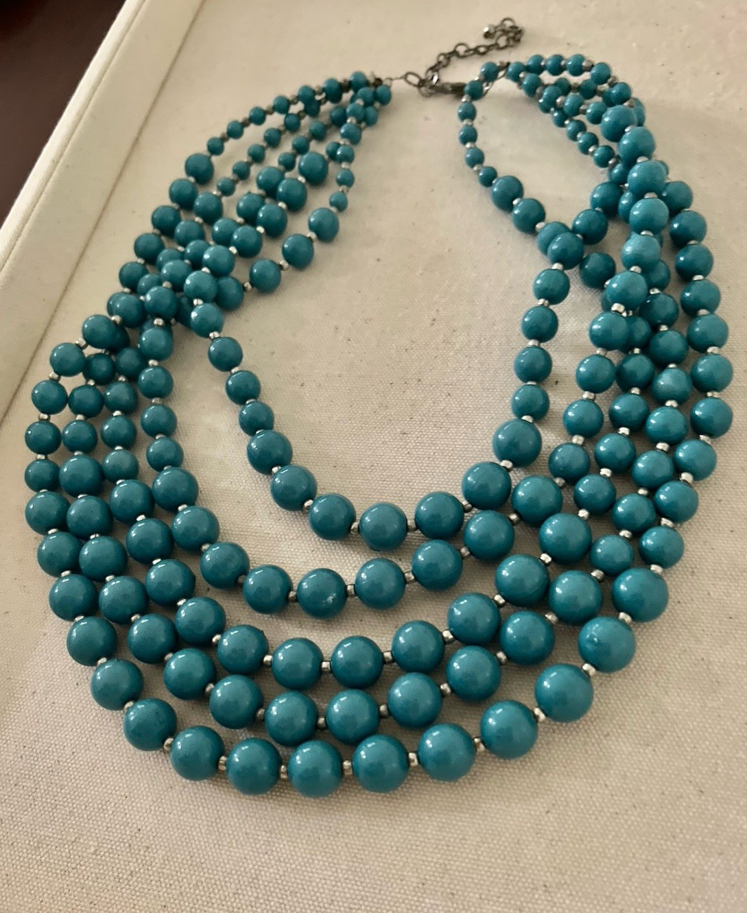 Vintage Turquoise Teal Blue Multi 5 Layered Beaded Silver Graduated Bib Necklace