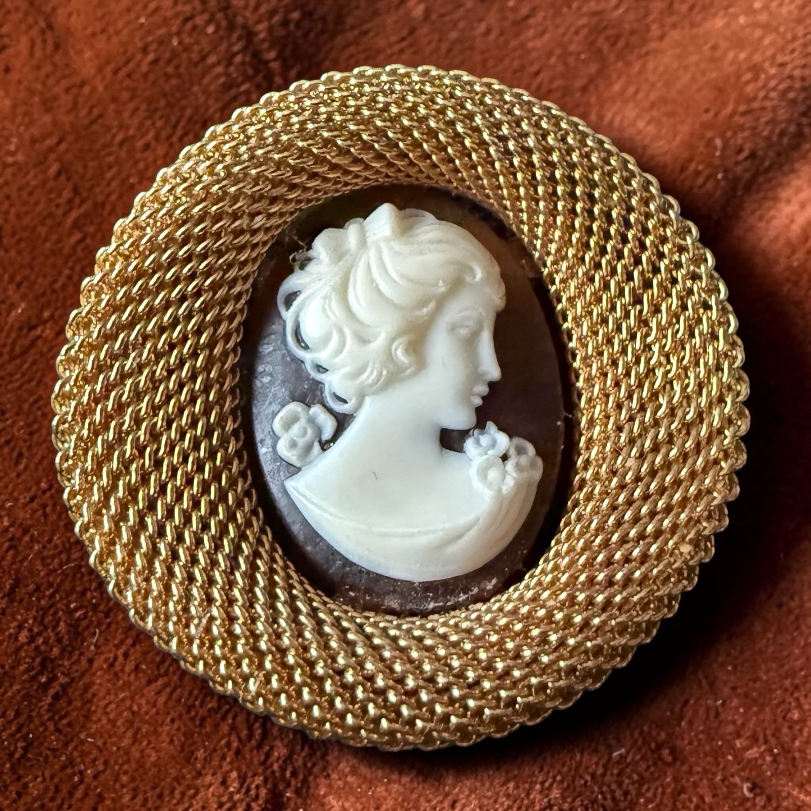 Cameo Brooch Pin Gold Tone Mesh Vintage Lady Portrait Victorian Revival