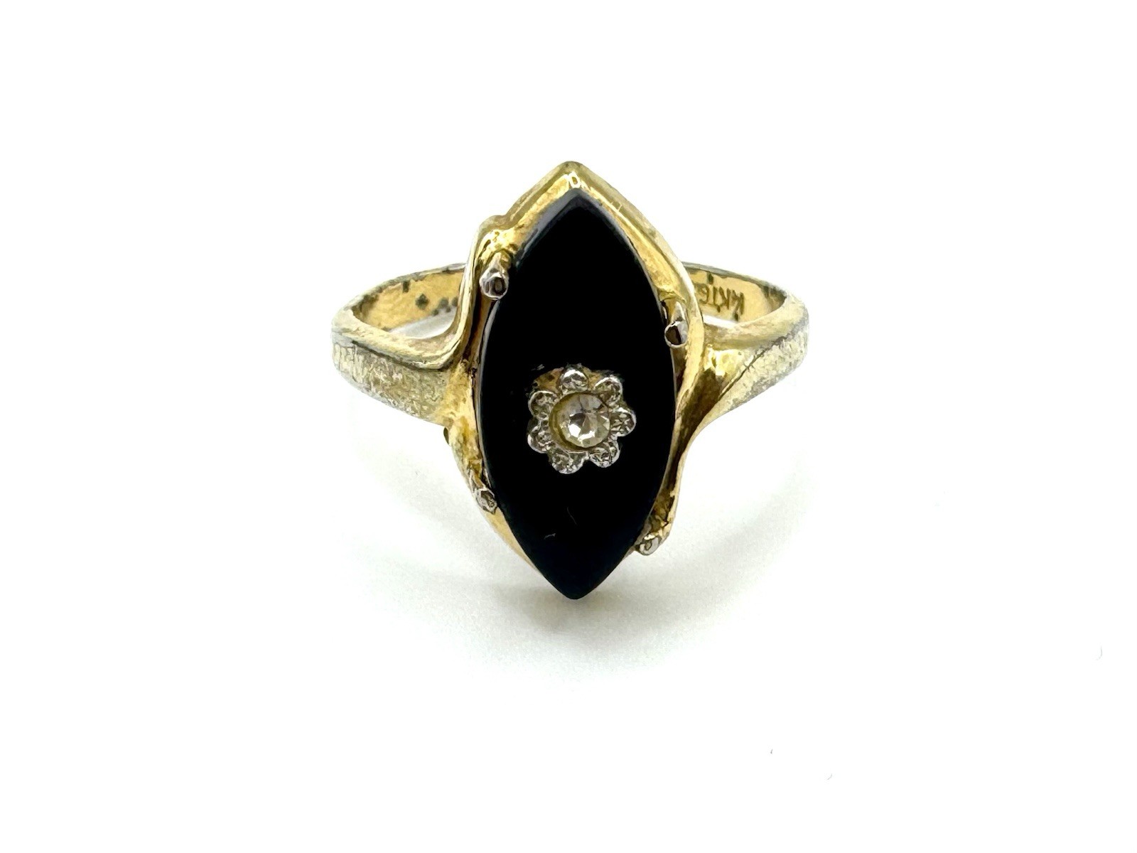 Vintage 14k GE Gold Art Nouveau Black Marquise Onyx Stone Rhinestone Ring Size 8