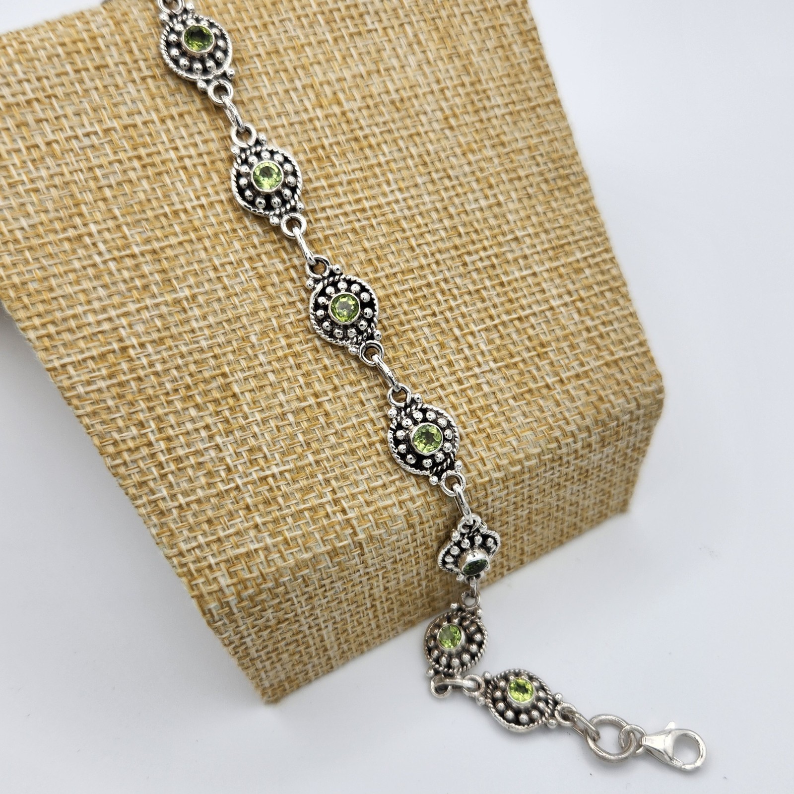 Peridot Bracelet Sterling Silver Bali Link Green Gemstone 925