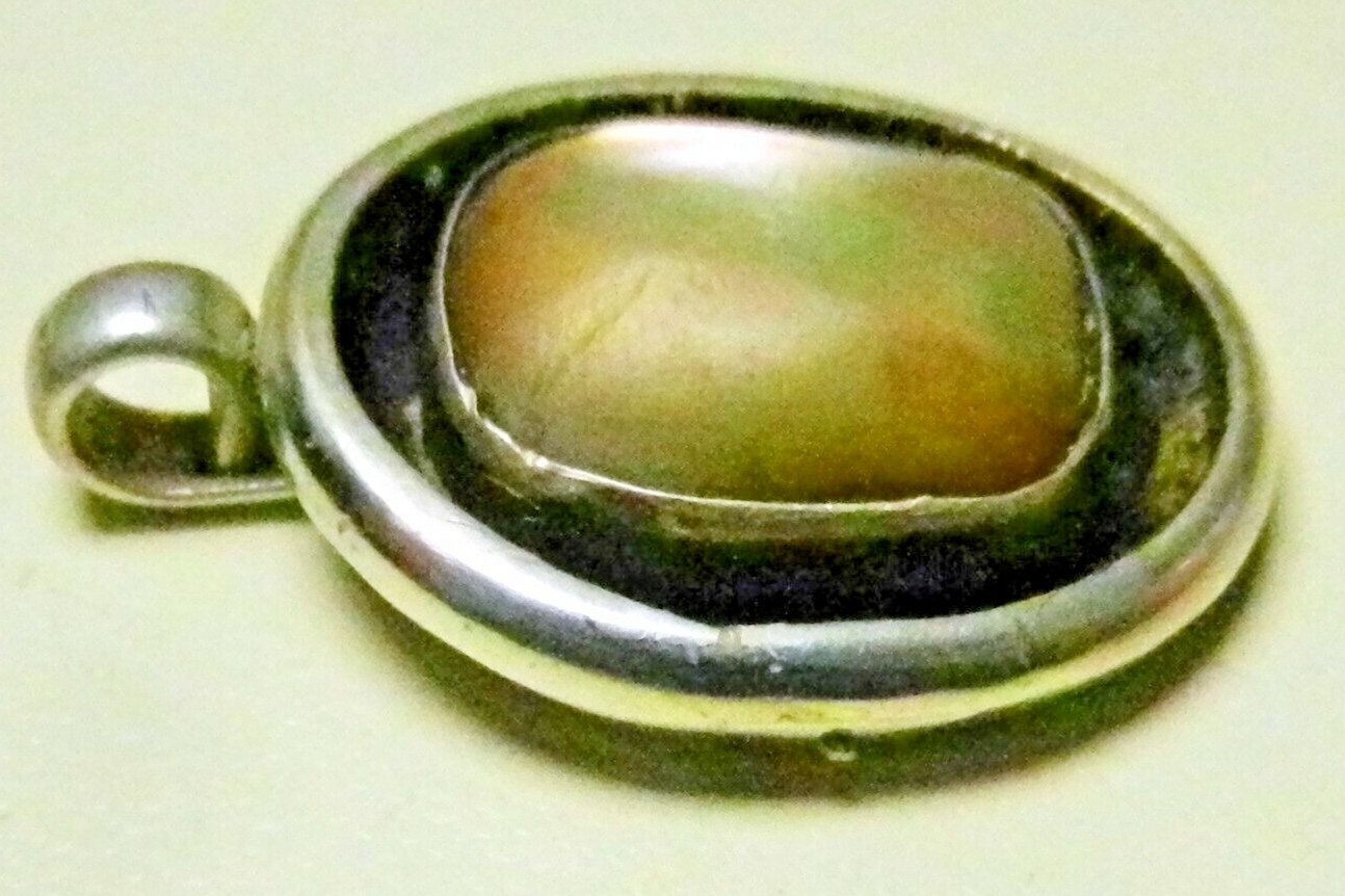 Neolithic SIGNED Sterling Silver Mother of Pearl Oval Shadow Box Pendant 1970’s