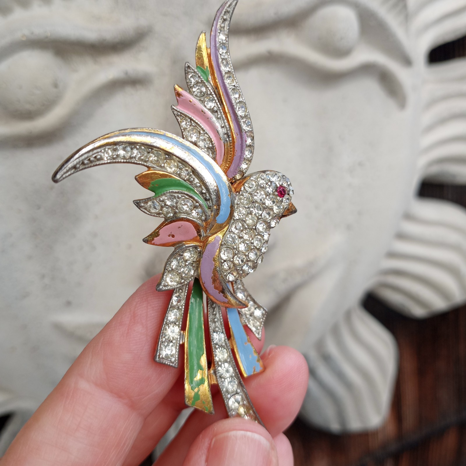 Vtg Coro? Clear Red Rhinestone Pink Blue Enameled Green Paradise Bird Brooch Pin