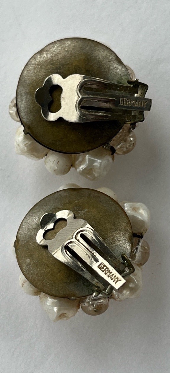 Vintage Signed Germany Baby Tooth Earrings Clip-On Lucite Off White