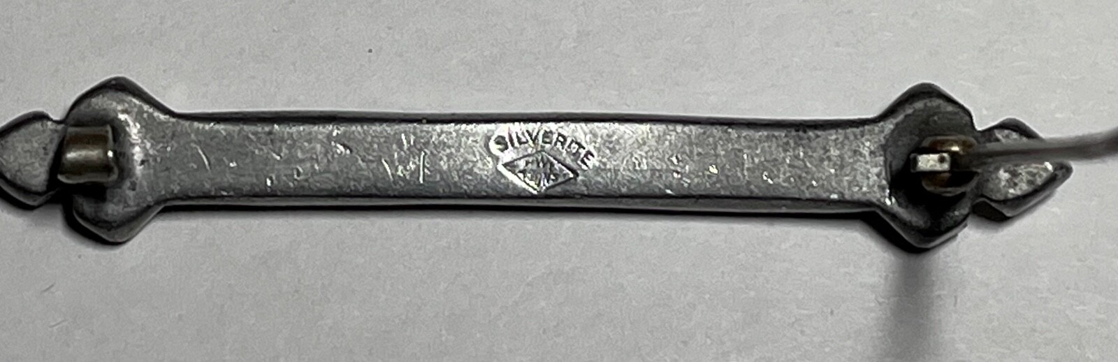 ANTIQUE SILVERITE HWF & SON BAR PIN WITH CLEAR RHINESTONES & SAPPHIRE BLUE GLASS
