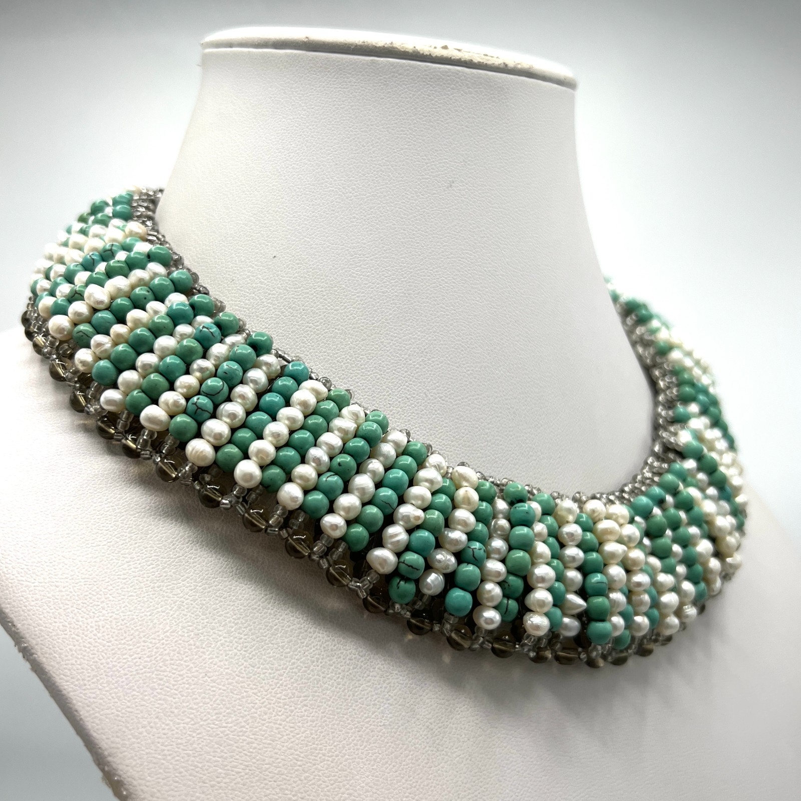 Vintage Turquoise & Freshwater Pearl Collar Necklace Sterling Silver 925 Clasp