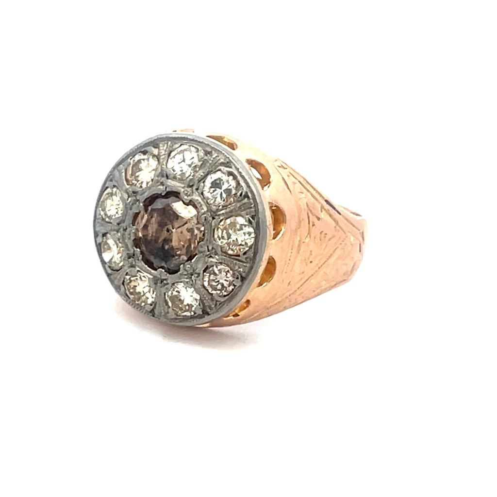 Diamond Gold Vintage Men’s Ring 17k Two Tone Champagne White 2.10ct Round Top