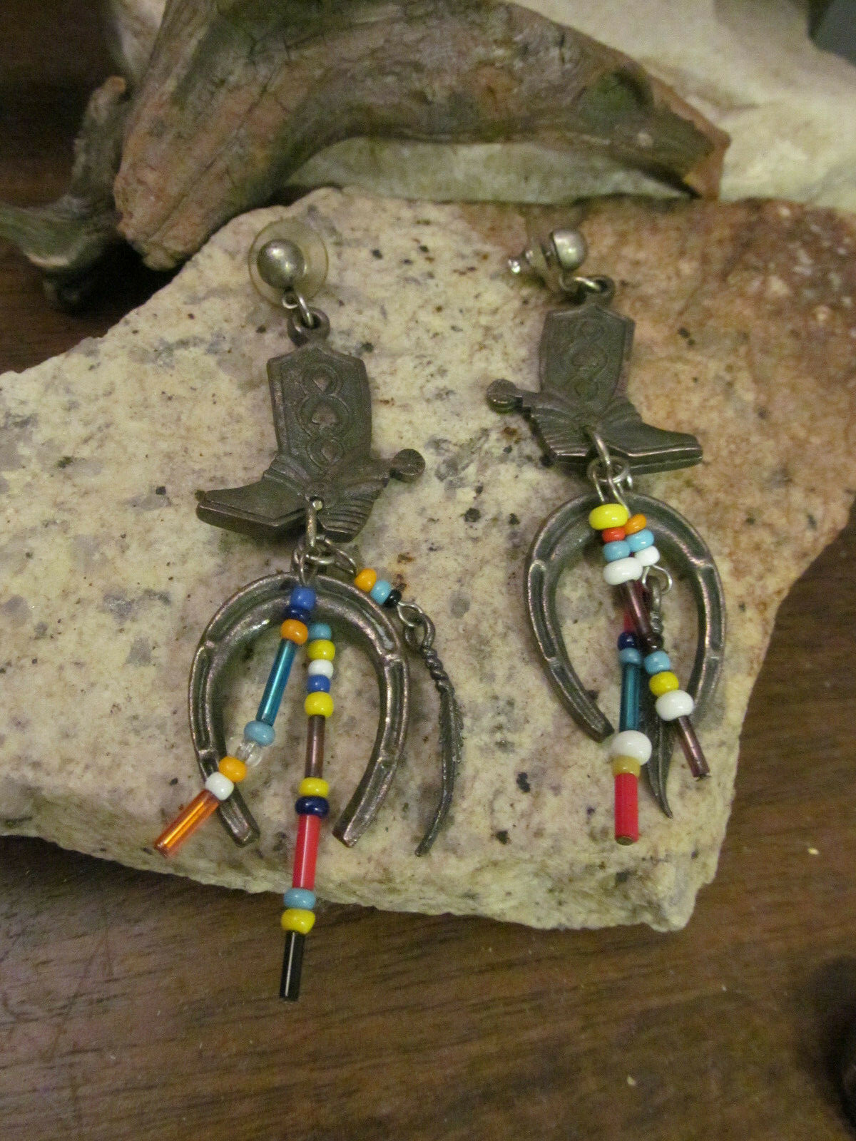 Western Brass tone Cowboy boots Horseshoe Feather Colorful beads Stud Earrings
