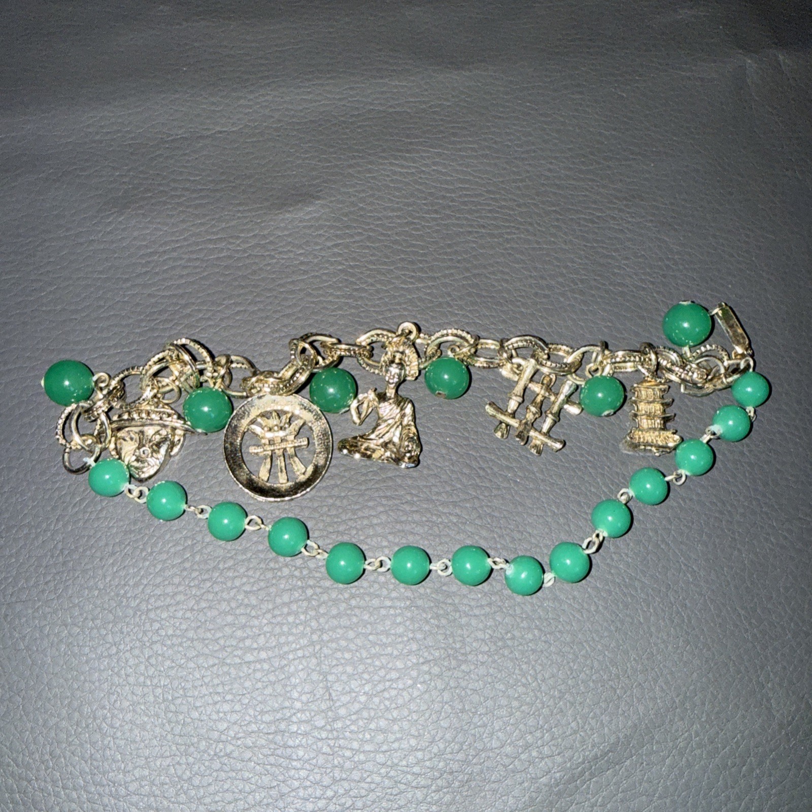 Vintage Gold Tone Asian Bracelet With Green Beads. Possible Free People 7 In