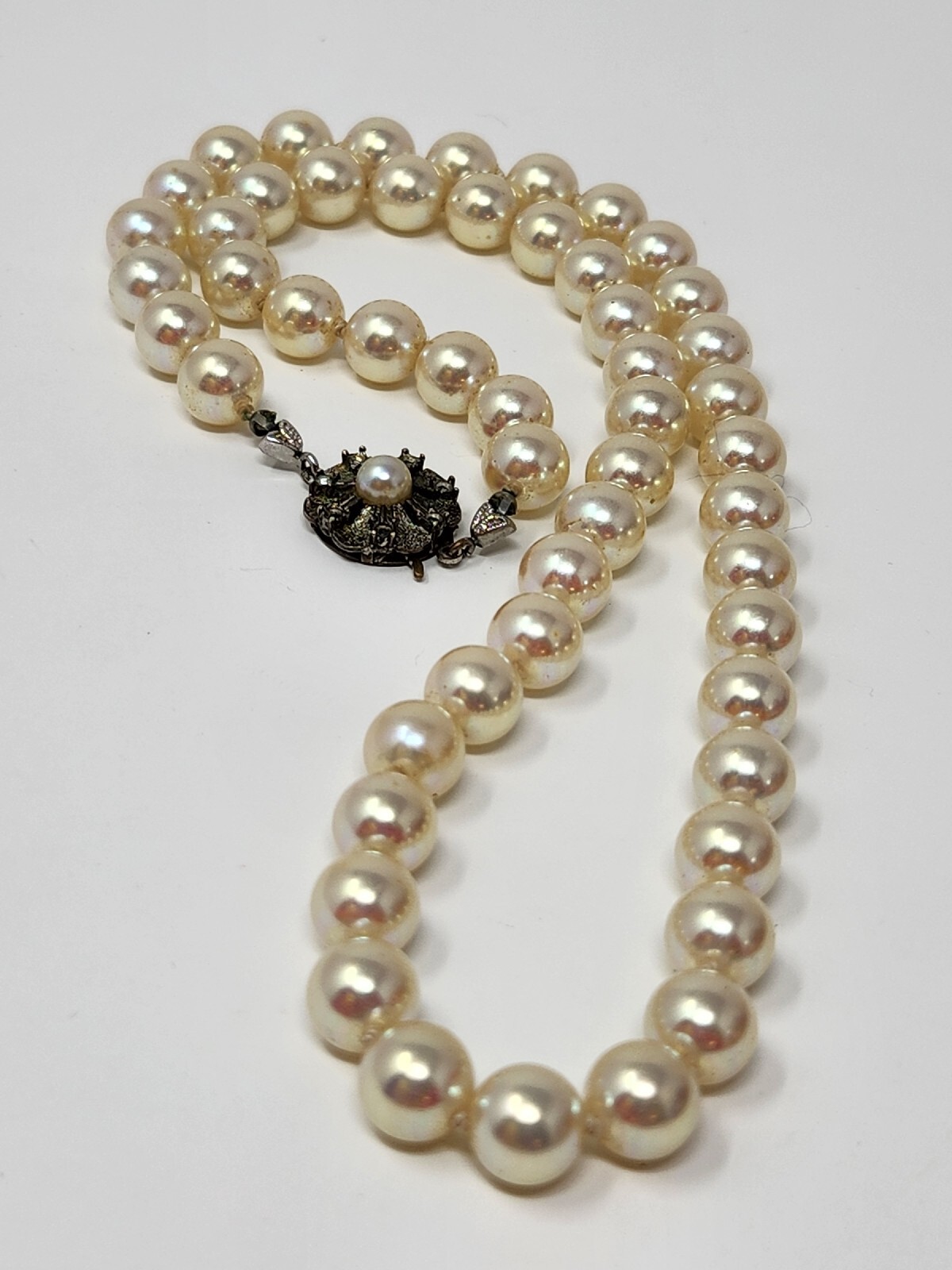 Heavy Hand-Knotted Faux Pearl Necklace 19″ Sheen 8mm Hook Clasp Marked 835 VTG