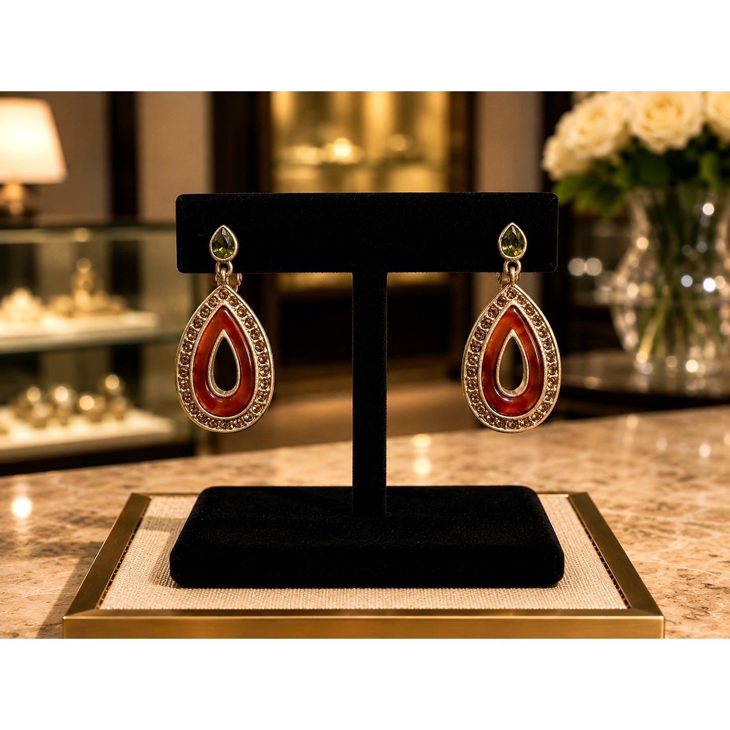 Vintage Liz Claiborne Teardrop Dangle Earrings Amber Resin Rhinestone Gold Tone