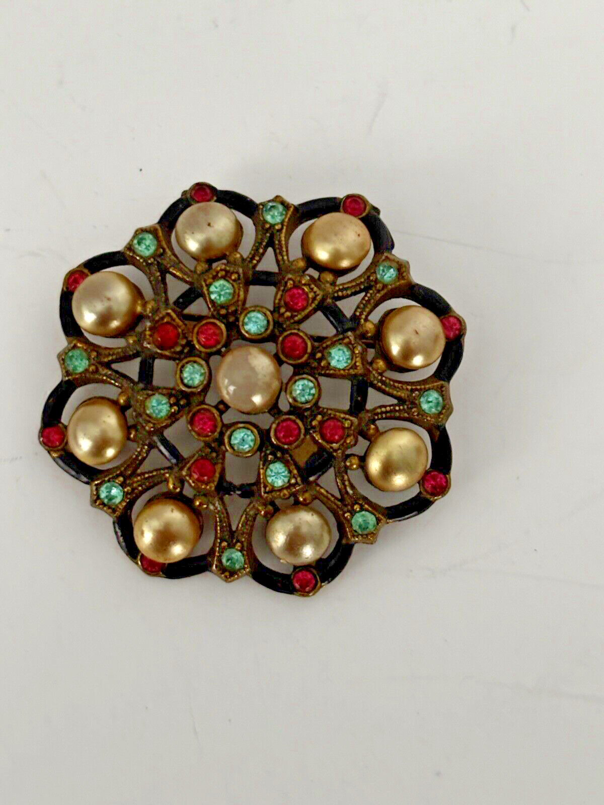 VINTAGE Brooch Pin NE New England Glass Works Pearl Red Blue Rhinestones JD47