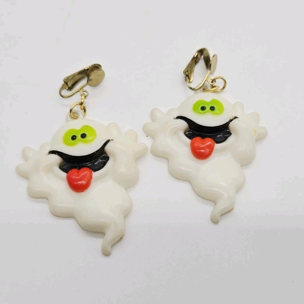 Ghost Clip on Earrings Halloween Costume Ghoul Spirit Signed Fun World Vintage