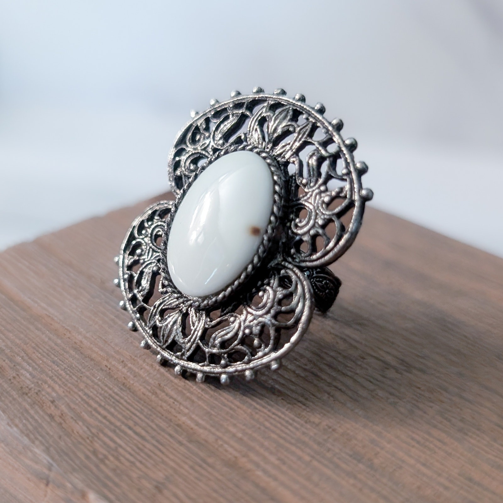 Vintage Ring Extra Large Dark Silver Tone with White Center Statement