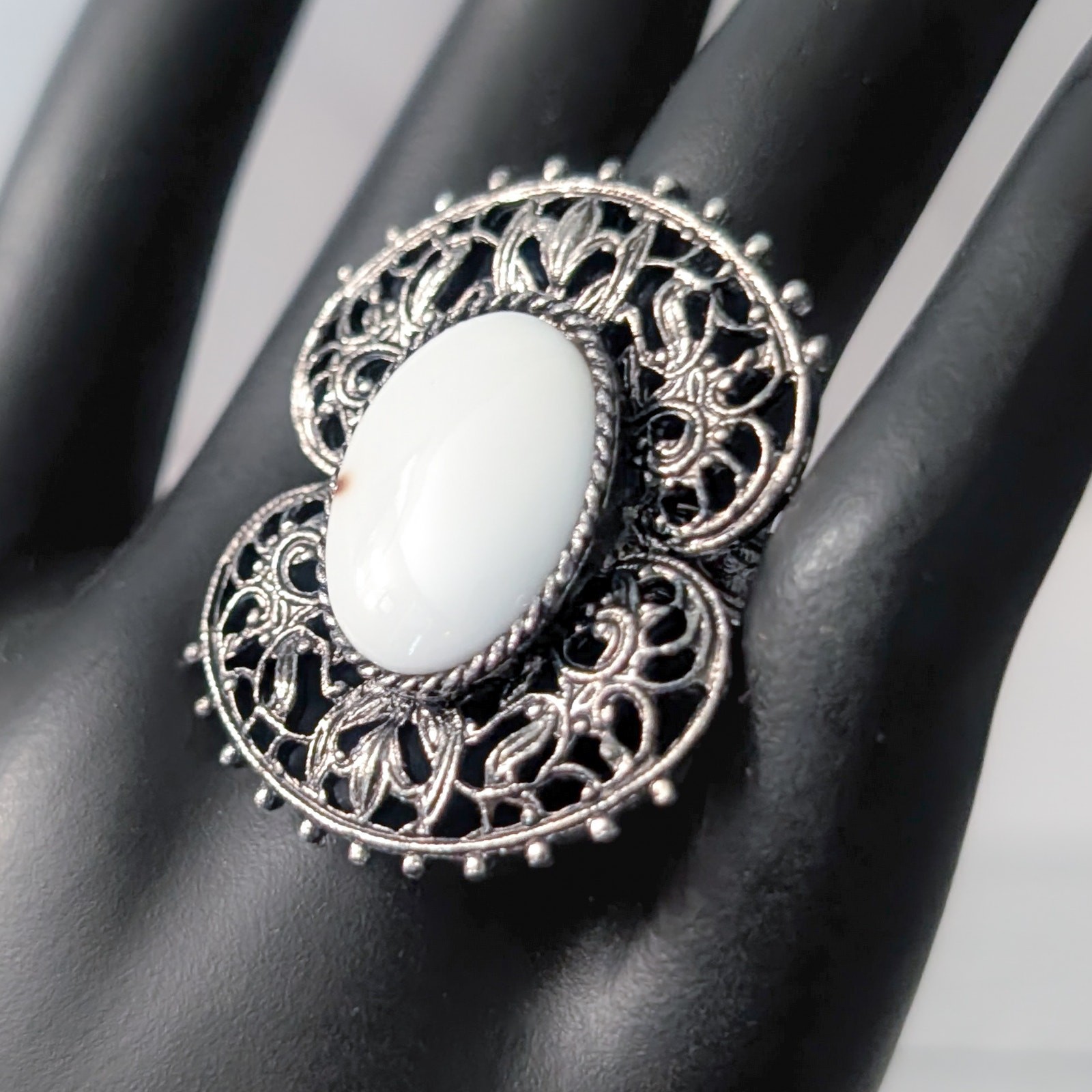Vintage Ring Extra Large Dark Silver Tone with White Center Statement