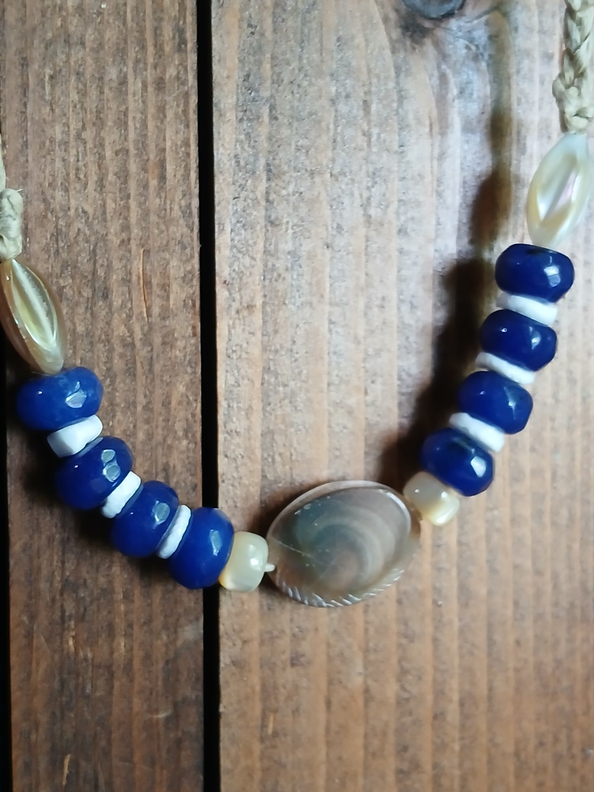 Blue Jade Ocean Shell Necklace Hemp Cord Hippie Boho Travel Beach Wear