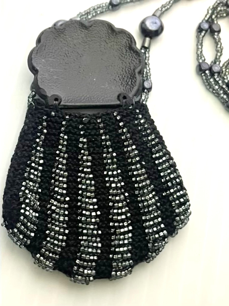 Miniature Beaded Purse Necklace Shell Shaped Black Gray Amulet Keepsake Holder