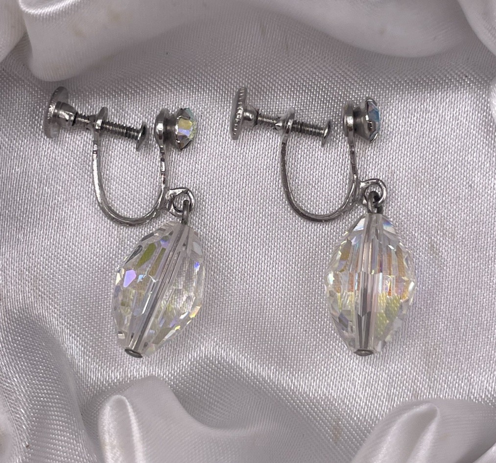 Vintage AB Aurora Borealis Faceted Crystal Drop Dangle Screw Back Earrings