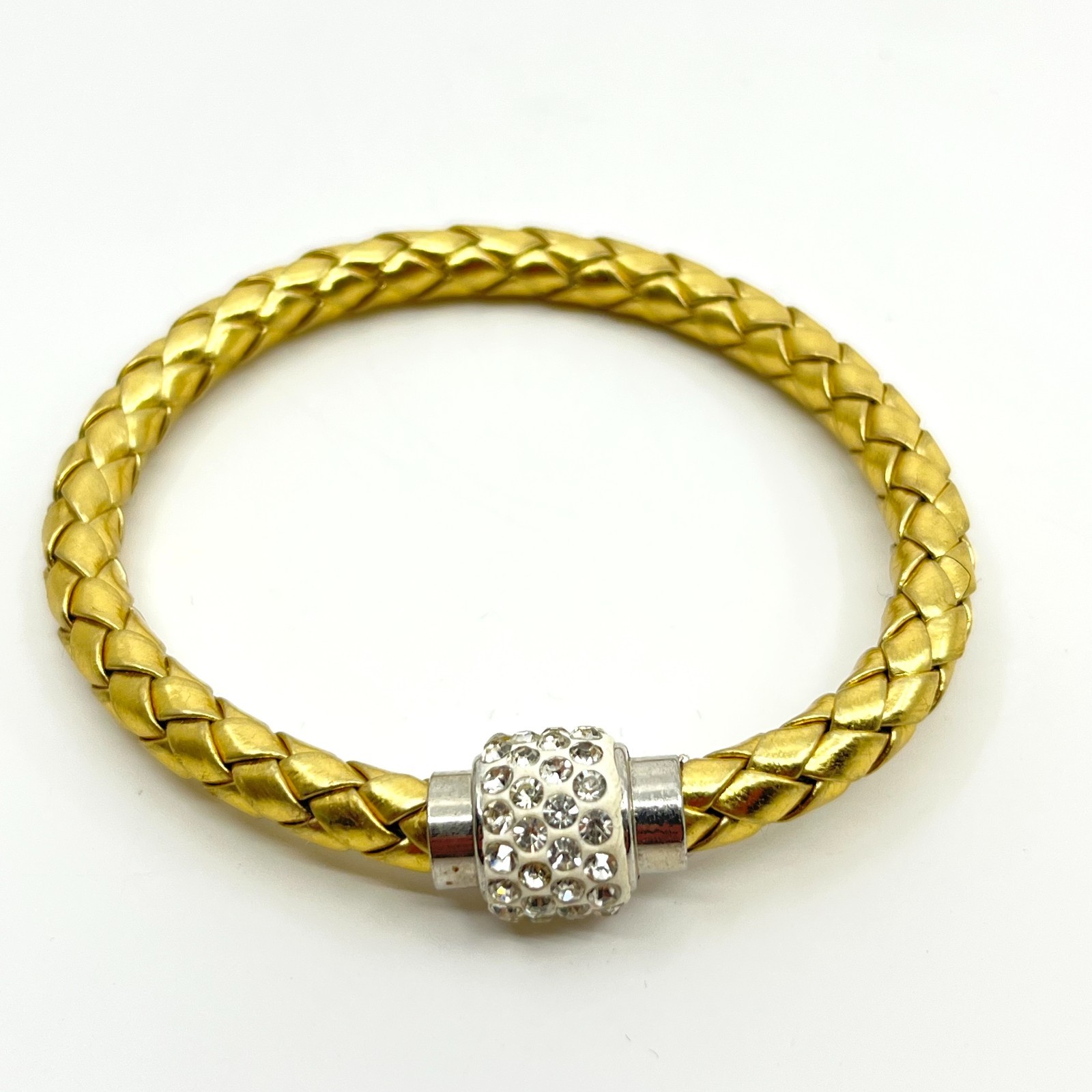 VTG Metallic Gold Tone Braided Faux Leather Bracelet Rhinestone Magnetic Clasp
