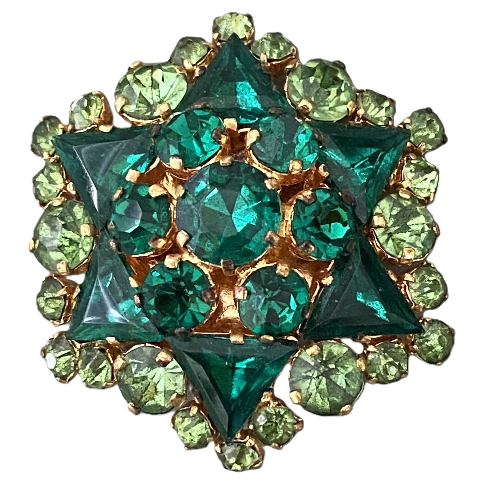 Vintage Emerald Green Rhinestone Starburst Brooch Gold Tone Statement Pin