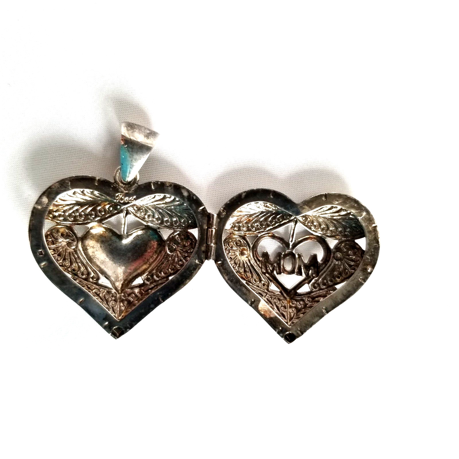 Best Mom heart wings locket puff pendant shiny silver plated filigree