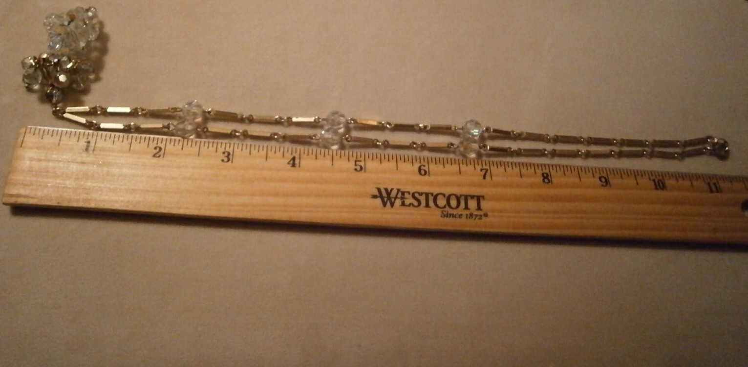 Vtg Gold Tone Bar Link AB Crystal Bead Necklace with Articulated Cluster Pendant