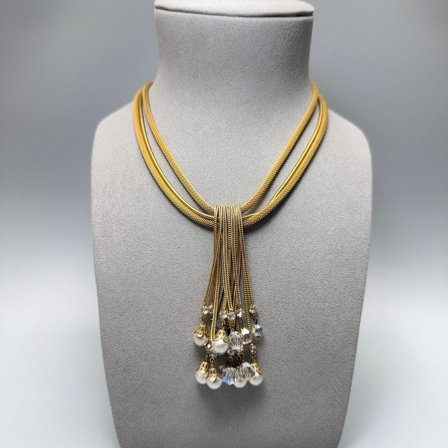 Vintage Gold Tone Mesh Chain Necklace Tassel Crystals 17″ Statement Adjustable