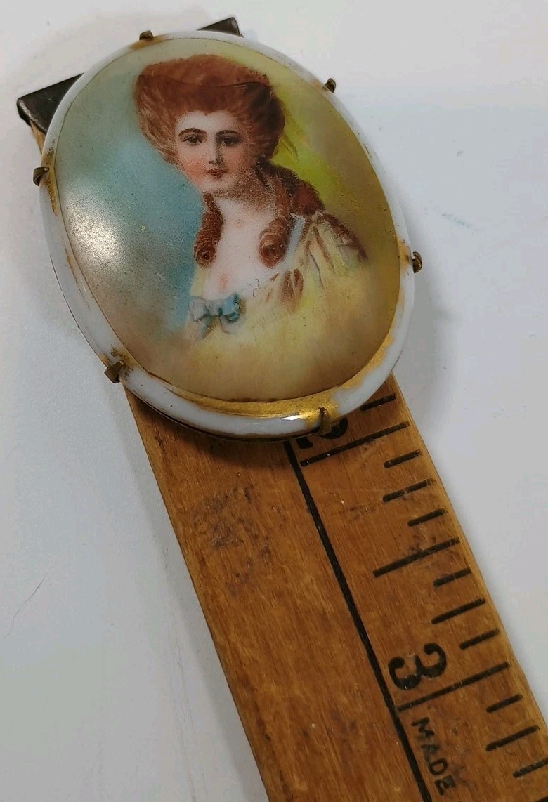 Antique Victorian Hand Painted Portrait Brooch Porcelain Brass C Clasp 2″