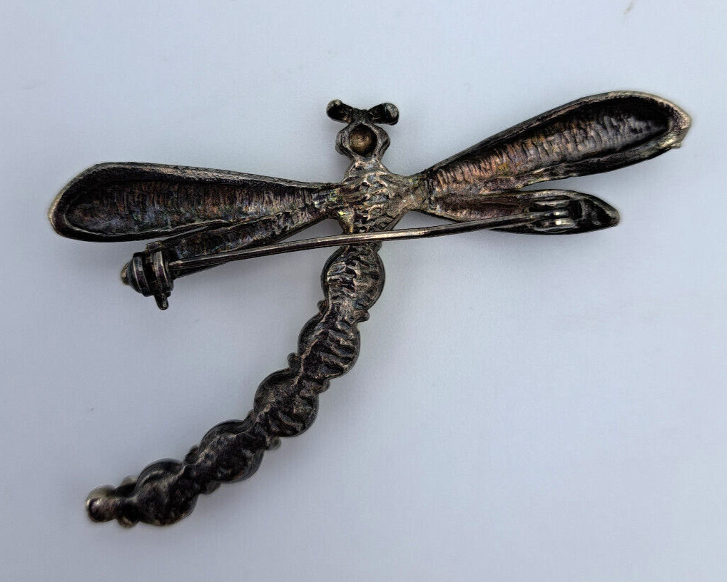 Vintage Dragonfly Brooch Pin Silver Metal Pewter Rhinestone Artisan Figural 3D