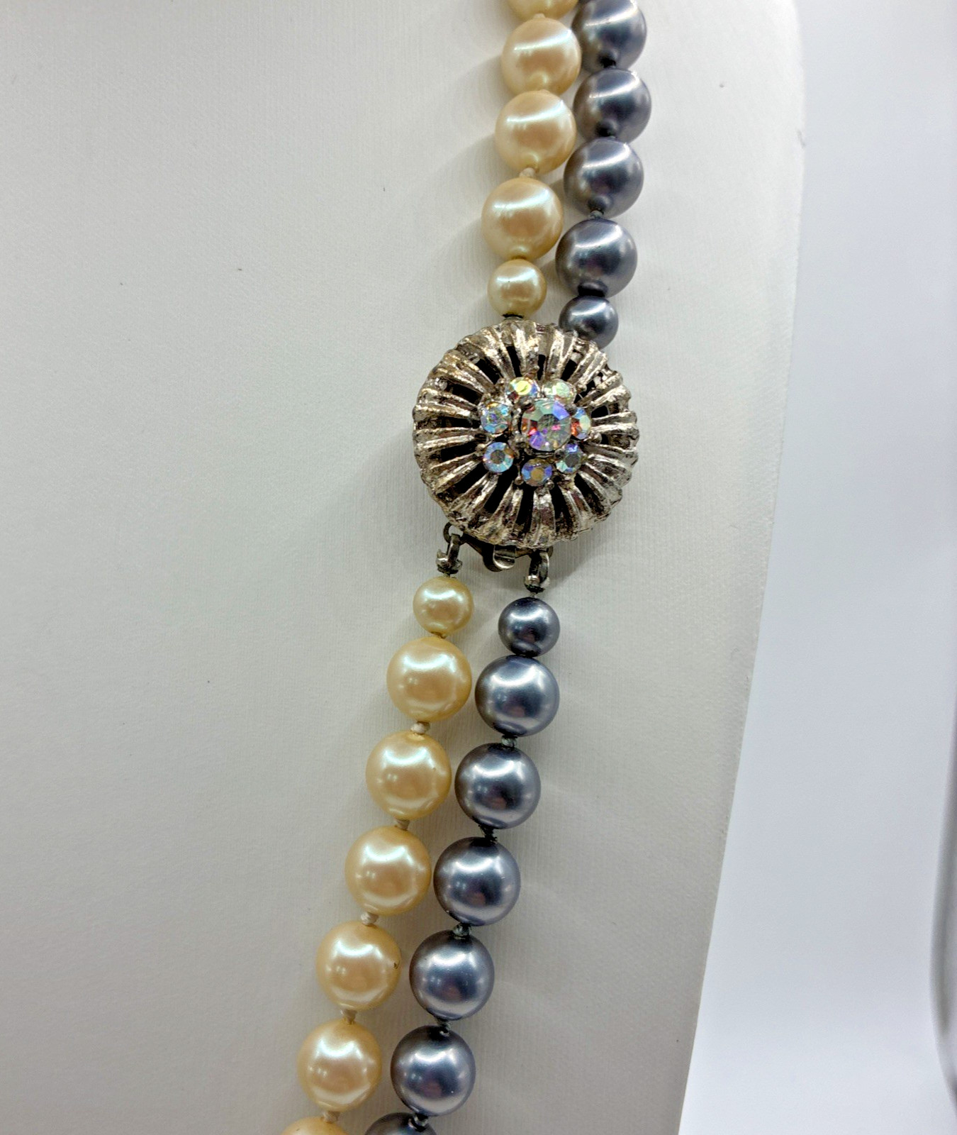 Vintage Double Strand Faux Pearl Necklace Hand Knotted Rhinestone Clasp Wedding
