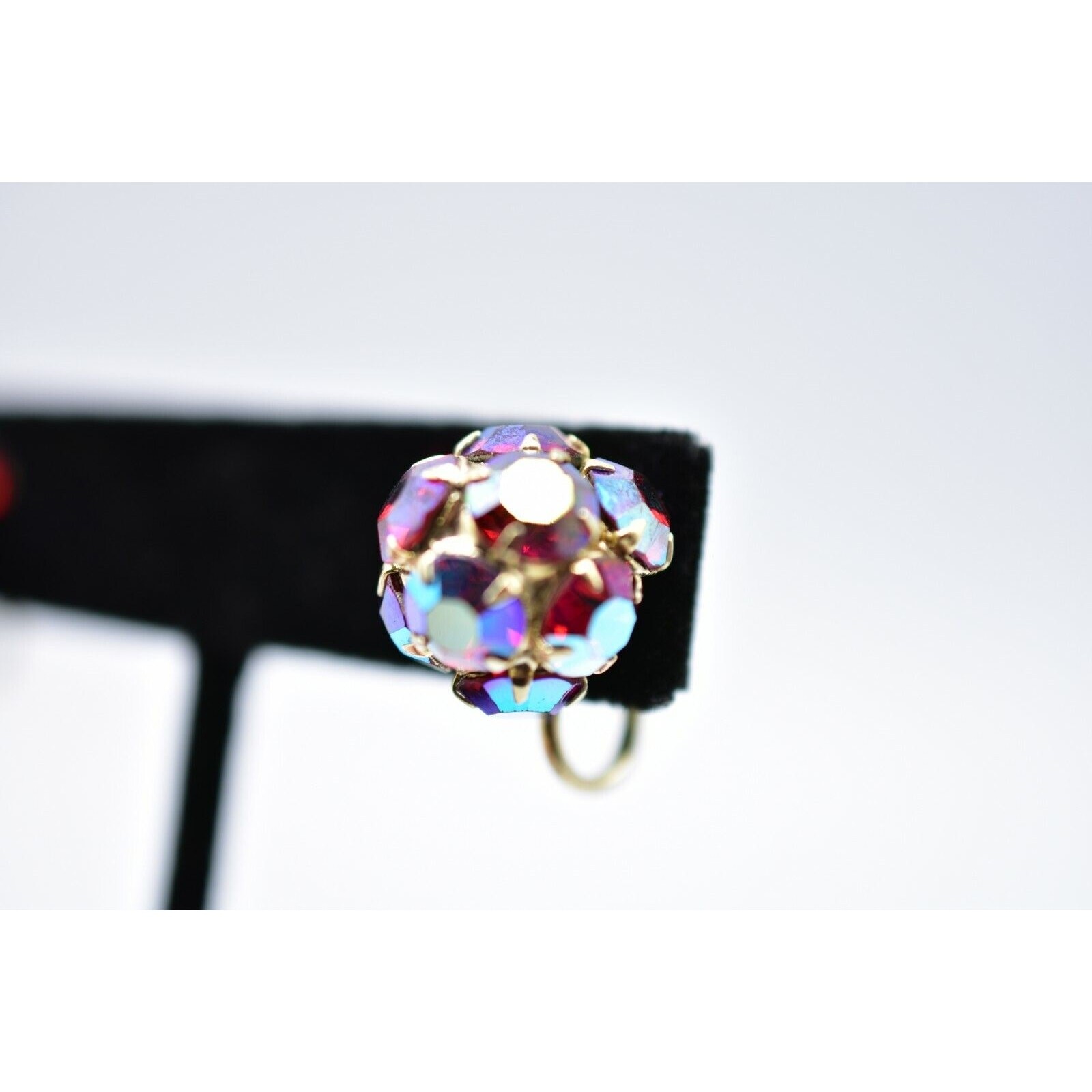 Kramer Vintage Crystal Clip On Earrings Red Aurora Borealis Signed 1950s Bin4