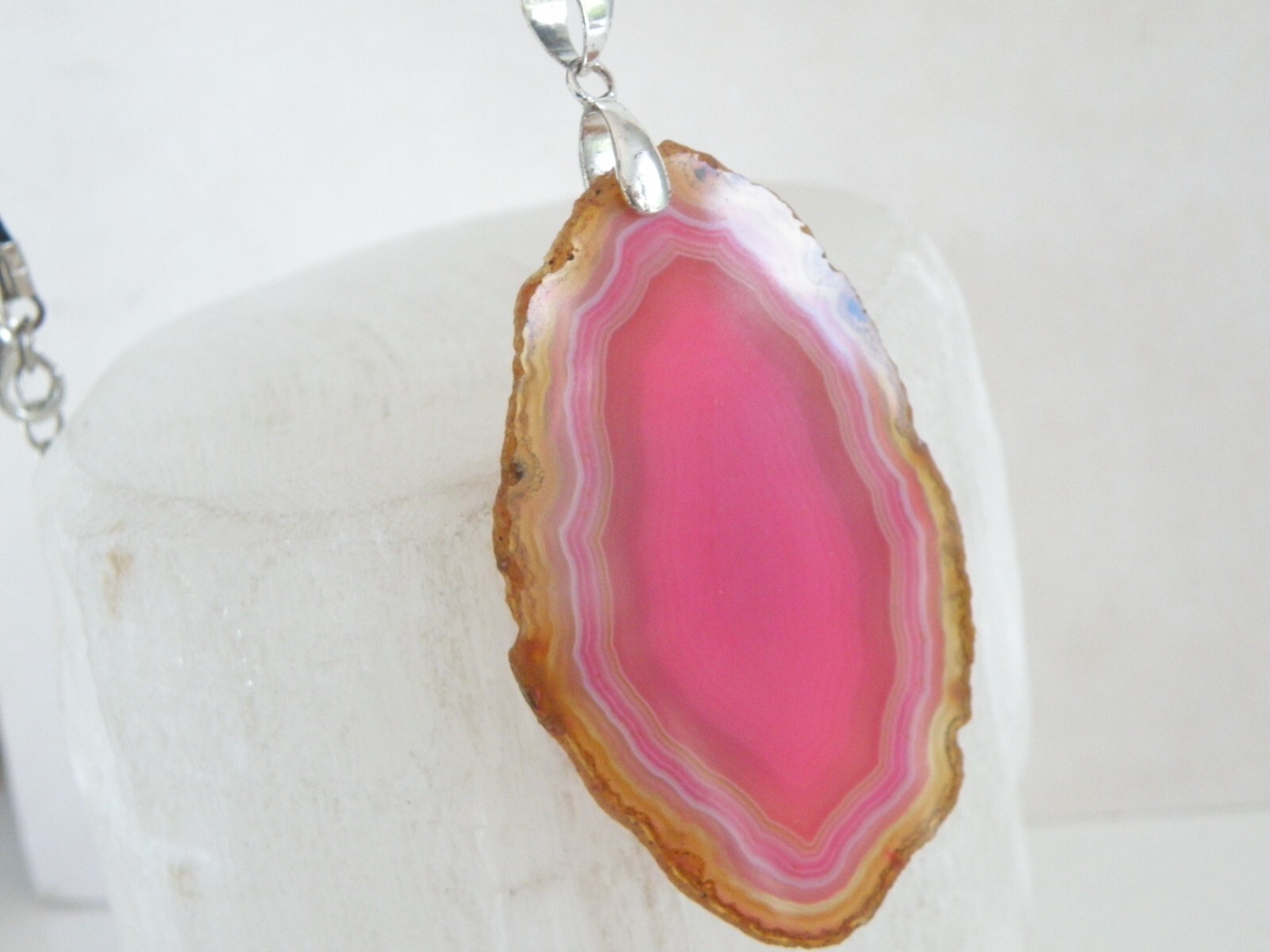 Huge Sterling Silver 925 Pink Geode Crystal Slab Vintage Pendant Necklace